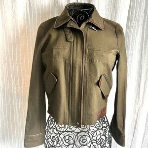 Michaa Leather-Trim Olive Green Utility Jacket – Stretch Cotton, Cropped, Size S
